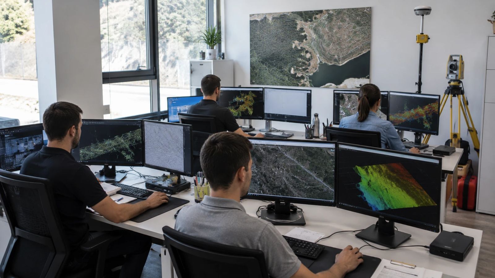 Equip d'un estudi de topografia treballant als seus llocs amb núvols de punts i ortofotos en pantalla