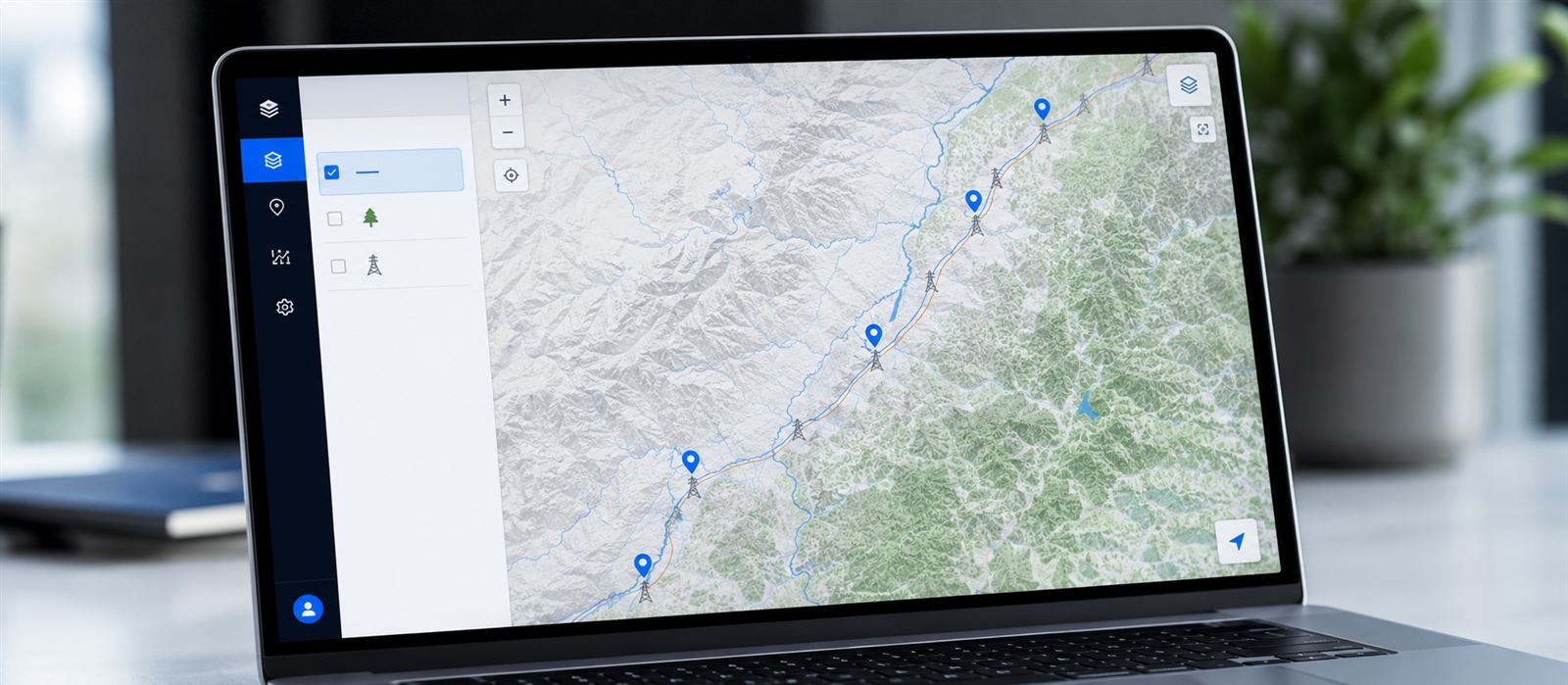 Geoportal showing the power line corridor and its towers