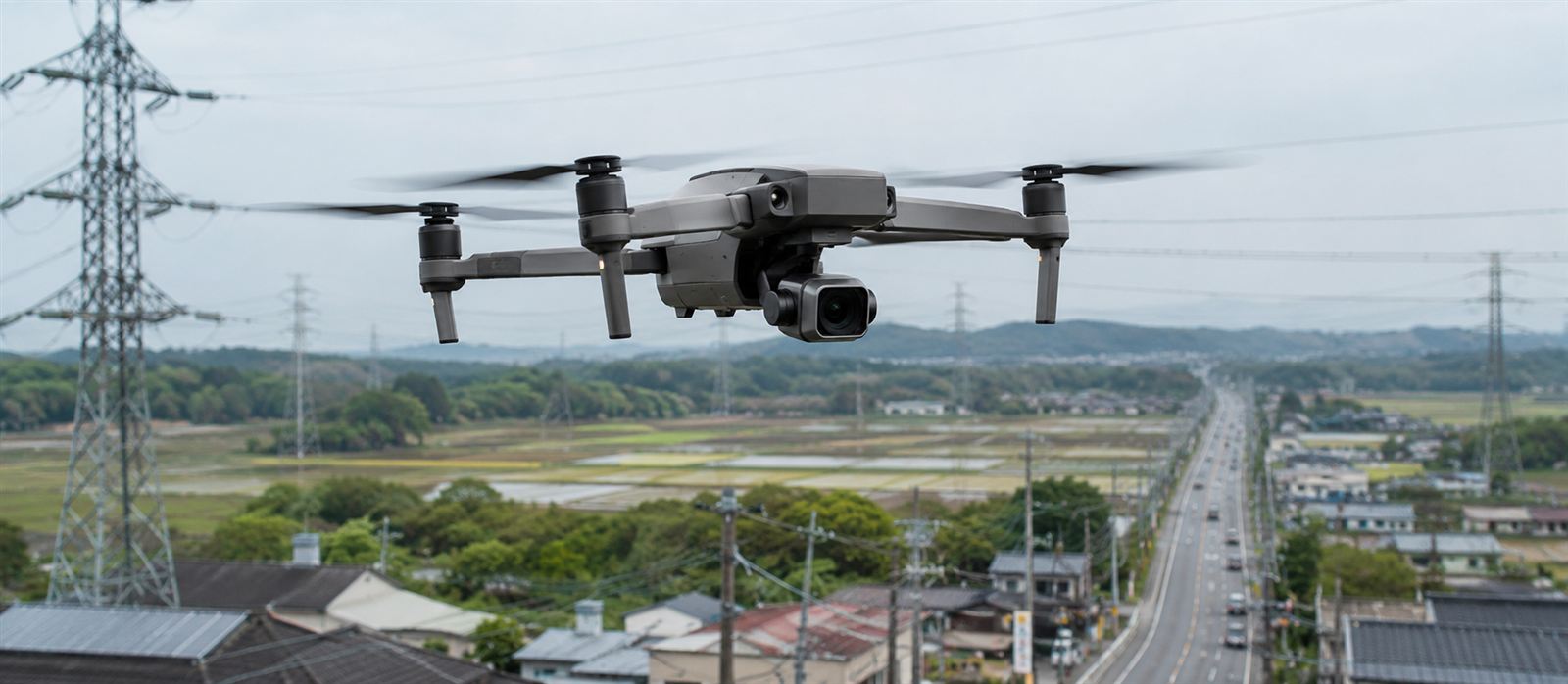 Drone flying over an infrastructure corridor next to a populated area