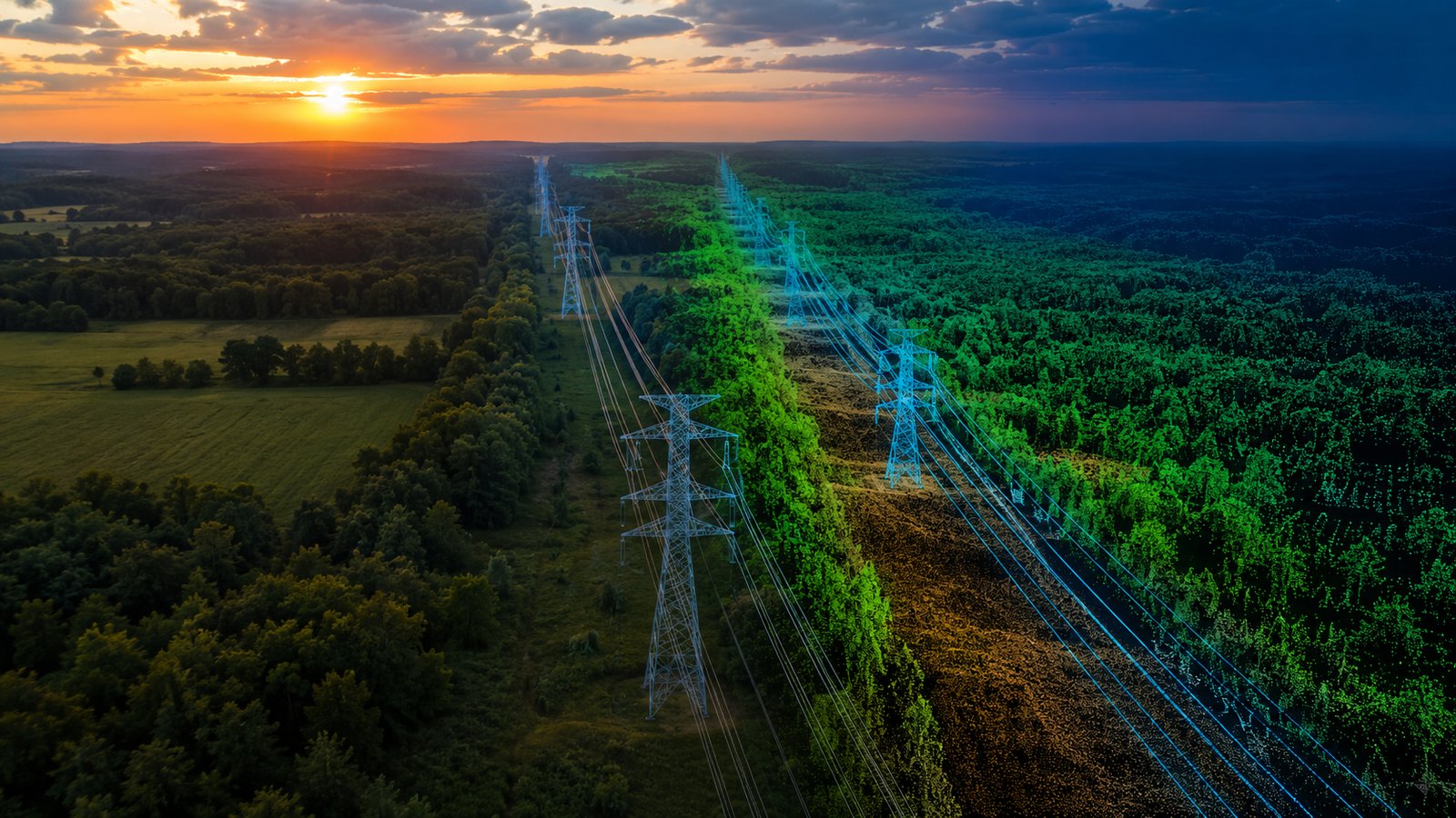 Corredor de línies elèctriques al capvespre fonent-se en un núvol de punts LiDAR classificat